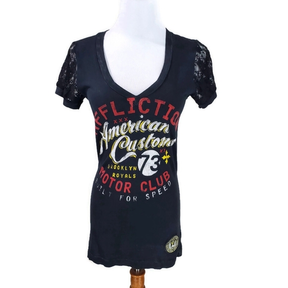 Affliction Women’s T-Shirt American Customs Motor Club Y2K Lace V-neck  Sz S - Picture 1 of 10